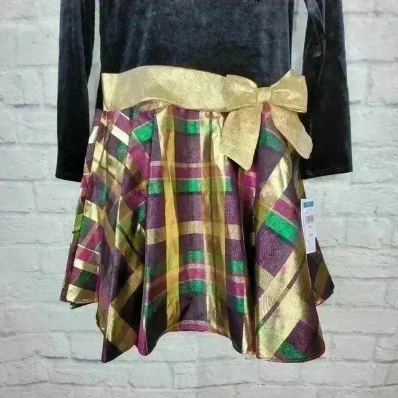 BONNIE JEAN Girls Black Gold Bow Plaid Velvet Holiday Party Dress Sz … - Picture 4 of 9